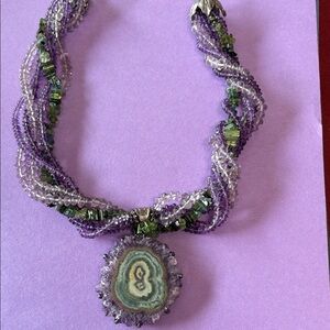 Multi-Strand Amethyst & Peridot Beaded Necklace with Agate Slice Pendant